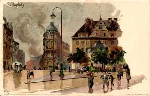 Künstler Litho Kley, Heinrich, München, Karlsplatz bei Regen, Passanten mit Schirmen