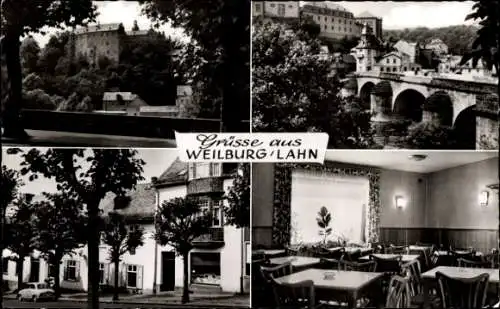 Ak Weilburg im Lahntal, Gaststätte May, Inh. H. Müller, Brücke, Burg