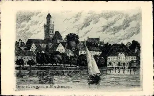 Künstler Ak Überlingen am Bodensee, Stadtansicht vom See aus, Segelboot