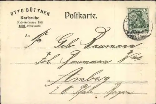 Ak Karlsruhe in Baden, Geschäftskorrespondenz Otto Büttner, Kaiserstraße 158 Ecke Douglasstraße