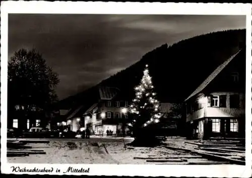 Ak Mitteltal Baiersbronn im Schwarzwald, Straßenzug, Weihnachtsabend, Weihnachtsbaum