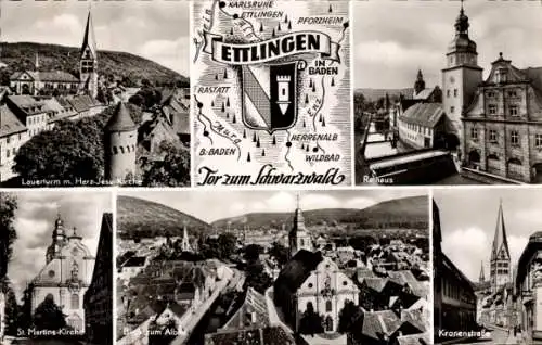 Ak Ettlingen in Baden, Wappen, Rathaus, St. Martins-Kirche, Lauerturm, Herz-Jesu-Kirche, Albtal
