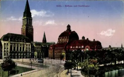 Ak Kiel Schleswig Holstein, Rathaus und Stadttheater, Straßenbahn