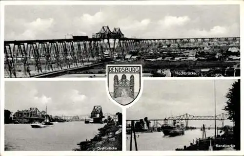 Ak Rendsburg in Schleswig Holstein, Hochbrücke, Drehbrücke, Kanalpartie, Wappen, Lastkahn