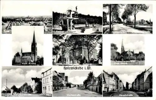 Ak Holzwickede im Ruhrgebiet, Kath. Kirche, Evgl. Kirche, Hauptstraße, Rathaus, Freibad