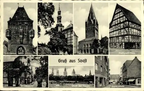 Ak Soest in Westfalen, Petrikirche, Osthofentor, Jakobitor, Freiligrathhaus, Brüderstraße
