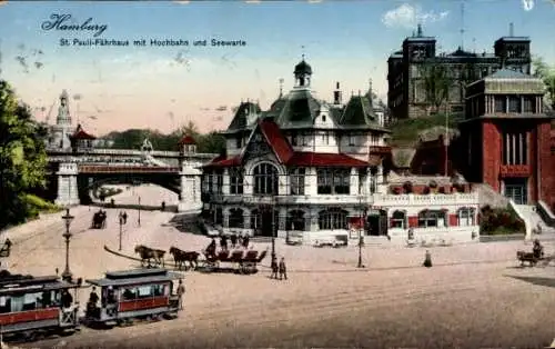 Ak Hamburg St Pauli, Fährhaus mit Hochbahn und Seewarte, Tram