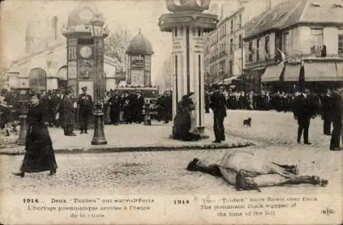 Ak Paris, Deux Tauben on survol, l'horloge pneumatique arretee a l'heure de la chute