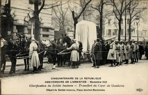 Ak Paris XIV Observatoire, Place Denfert-Rochereau, 1920, Depart du Soldat Inconnu, Coeur de Gambett