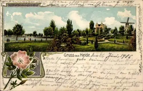 Litho Heide in Holstein, Landschaft mit Windmühle