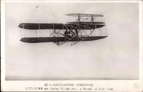 Ak Aerial Locomotion, Lefebre auf dem Doppeldecker Wright Ariel 1909