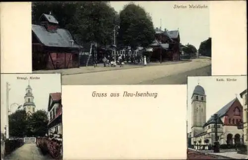Ak Neu Isenburg in Hessen, Station Waldbahn, evangelische und katholische Kirche