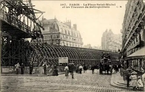 Ak Paris, Metropolitain Works, Place Saint Michel