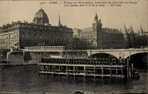 Ak Paris, Metropolitan Works, Vorbereitungen für Caisson-Untergangsarbeiten