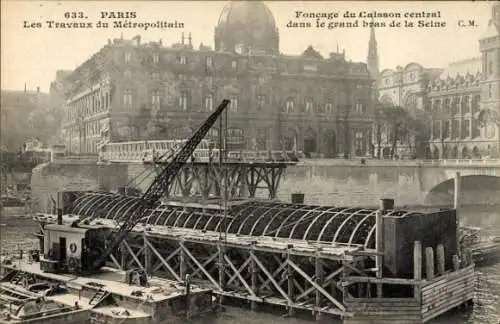Ak Paris, Metropolitan Works, Untergang des zentralen Senkkastens im großen Arm der Seine