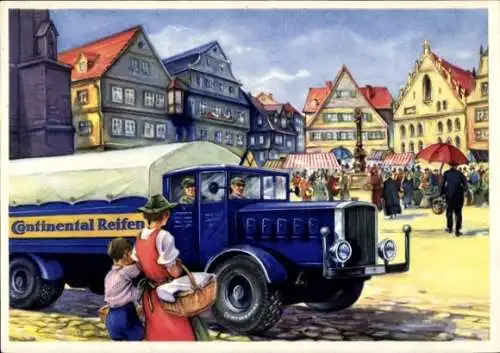 Künstler Ak Lastwagen auf einem Marktplatz, Reklame Continental Reifen