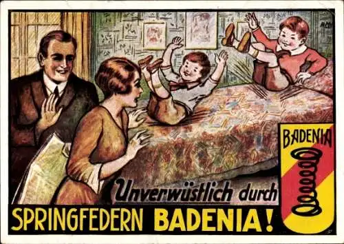 Künstler Ak Reklame Badenia Springfedern, Möbelfedern, Kinder hüpfen auf einem Bett