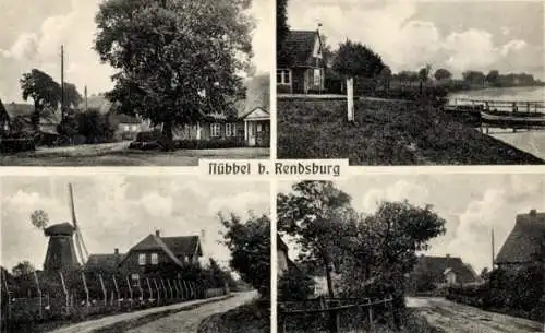 Ak Nübbel in Schleswig Holstein, Windmühle. Bootsanlegestelle, Dorfstraße