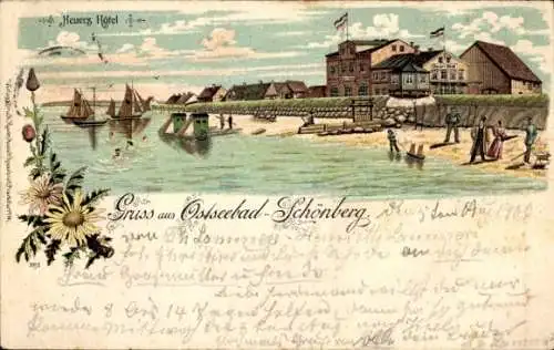 Litho Ostseebad Schönberg in Holstein, Heuers Hotel, Strandpartie, Badewagen