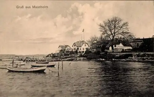 Ak Maasholm an der Schlei, Uferpartie, Boote