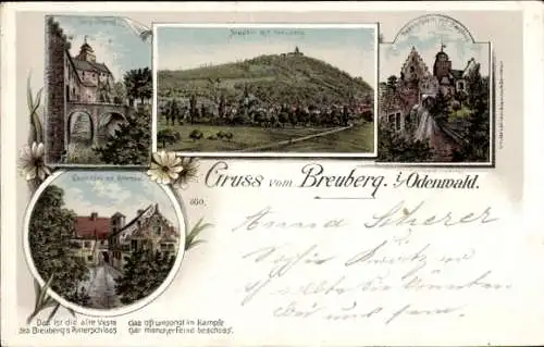 Litho Breuberg im Odenwald, Panorama, Burg, Teilansichten