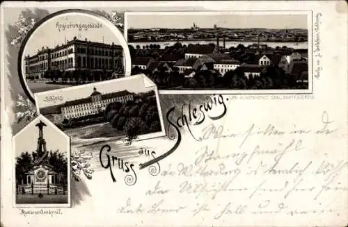 Litho Schleswig in Schleswig Holstein, Kanonendenkmal, Regierungsgebäude, Schloss, Stadtpanorama