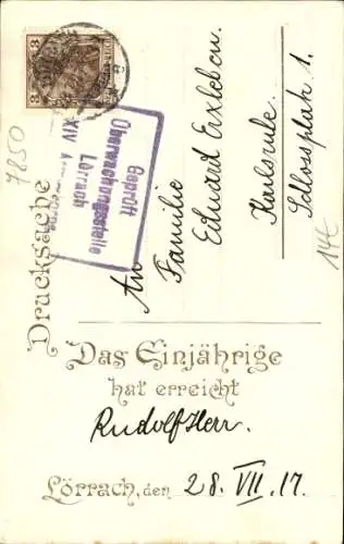 Studentika Künstler Ak Lörrach in Baden, Einjähriges 1917