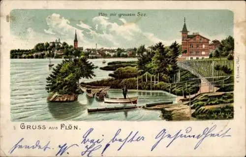 Litho Plön am See Holstein, Stadtpanorama, Großer See