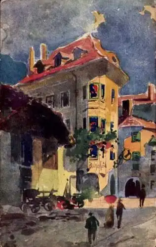 Künstler Ak Bozen Bolzano Südtirol, Straßenpartie mit Blick auf das Gasthaus Batzenhäusl