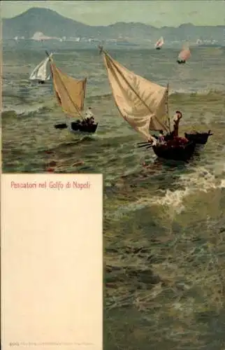 Litho Napoli Neapel Kampanien, Pescatori nel Golfo