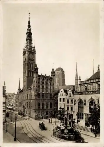 Ak Gdańsk Danzig, Rathaus, Langemarkt, Neptunsbrunnen, Artushof, Marienkirchturm