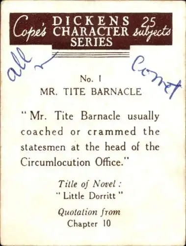 Sammelbild Charaktere von Charles Dickens No. 1 Mr. Tite Barnacle, Little Dorritt, Zitat