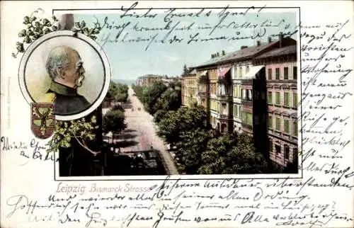 Ak Leipzig in Sachsen, Blick in die Bismarck Straße, Portrait von Bismarck, Wappen