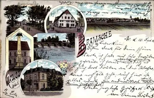 Litho Bramsche in Niedersachsen, Brandenburger Tor, Große Straße, Kriegerdenkmal, Post, Hasebrücke