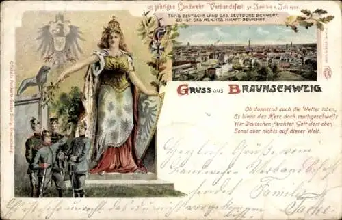 Litho Braunschweig in Niedersachsen, 25jh Landwehr Verbandsfest 30. Juni - 2. Juli 1900, Germania