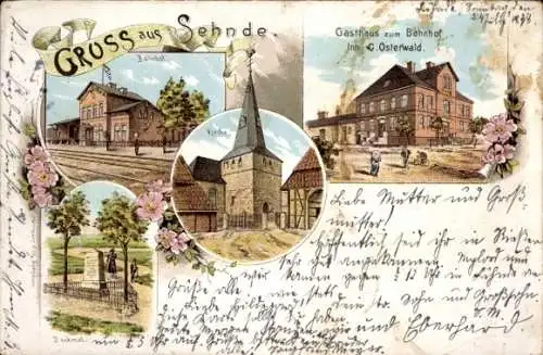 Litho Sehnde in Niedersachsen, Bahnhof, Gasthaus zum Bahnhof, Kirche, Denkmal