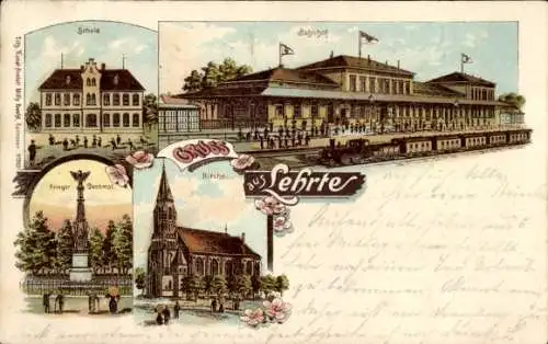 Litho Lehrte in Niedersachsen, Bahnhof, Krieger Denkmal, Schule, Kirche