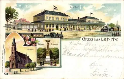 Litho Lehrte in Niedersachsen, Bahnhof, Gleisseite, Kirche, Kriegerdenkmal