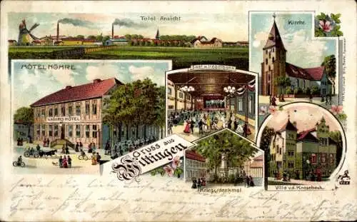 Litho Wittingen in Niedersachsen, Hotel Nöhre, Kirche, Villa Knesebeck, Kegelbahn, Kriegerdenkmal