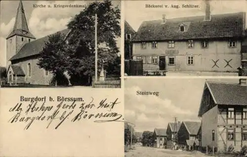 Ak Burgdorf bei Salzgitter, Kirche, Kriegerdenkmal, Bäckerei Aug. Schlüter, Steinweg