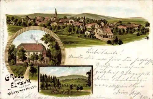 Litho Eitzum am Elm Schöppenstedt Niedersachsen, Watzumer Hause, Panorama