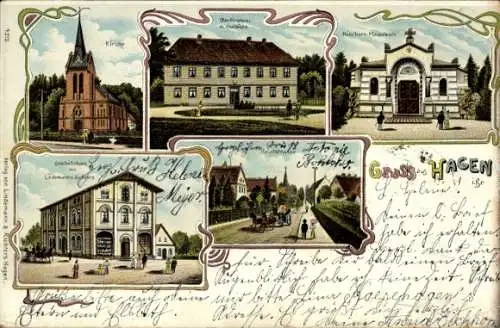 Litho Hagen im Bremischen, Hauptstraße, Geschäftshaus, Mausoleum, Kirche