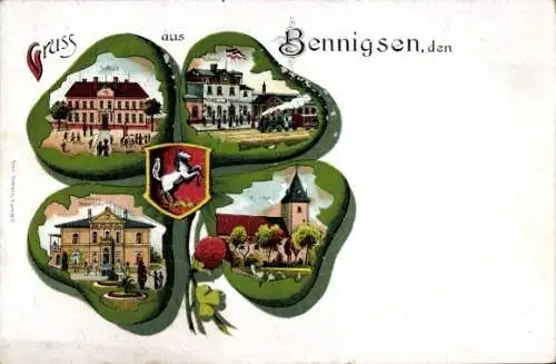 Kleeblatt Wappen Litho Bennigsen Springe Niedersachsen, Schule, Bahnhof, Schloss, Kirche