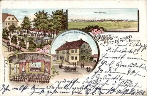 Litho Bennigsen Springe am Deister, Hotel zum blauen Engel, Garten, Saal