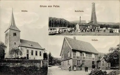 Ak Petze Sibbesse in Niedersachsen, Kirche, Bohrturm, Schule