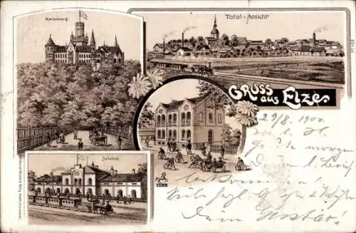 Litho Elze in Niedersachsen, Bahnhof, Marienburg, Panorama