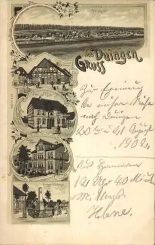 Litho Duingen in Niedersachsen, Gesamtansicht, Hotel, Kriegerdenkmal