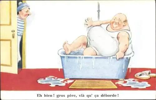 Künstler Ak Wills, John, dicker Mann in einer Badewanne