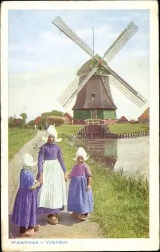 Ak Volendam Nordholland Niederlande, Mädchen in Trachten, Windmühle