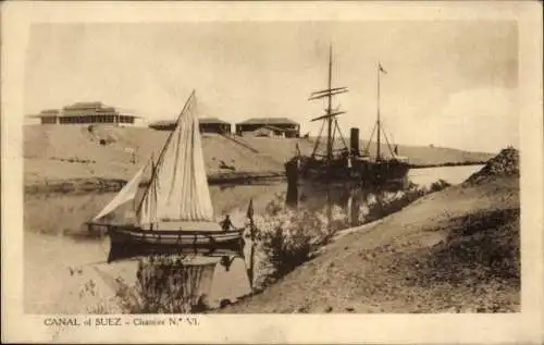 Ak Suez Ägypten, Suezkanal, Dampfer, Segelboot